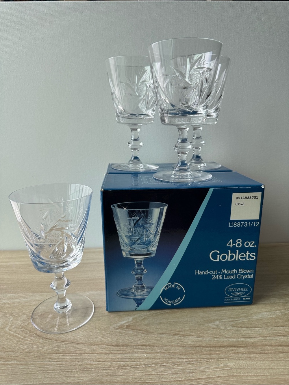 Vintage Sears Pinwheel 24% Lead Crystal Goblets Set of 4 Hungary w/ Box Hand Cut